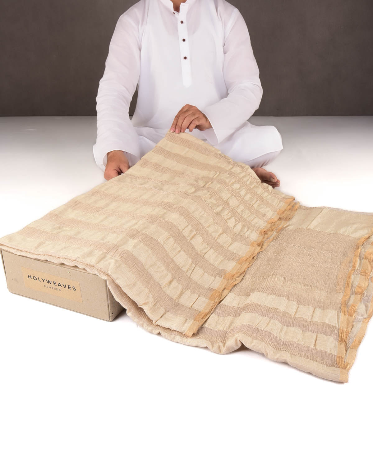 Beige Tissue Stripes Brocade Handwoven Crush Muga Silk Banarasi Saree-HolyWeaves