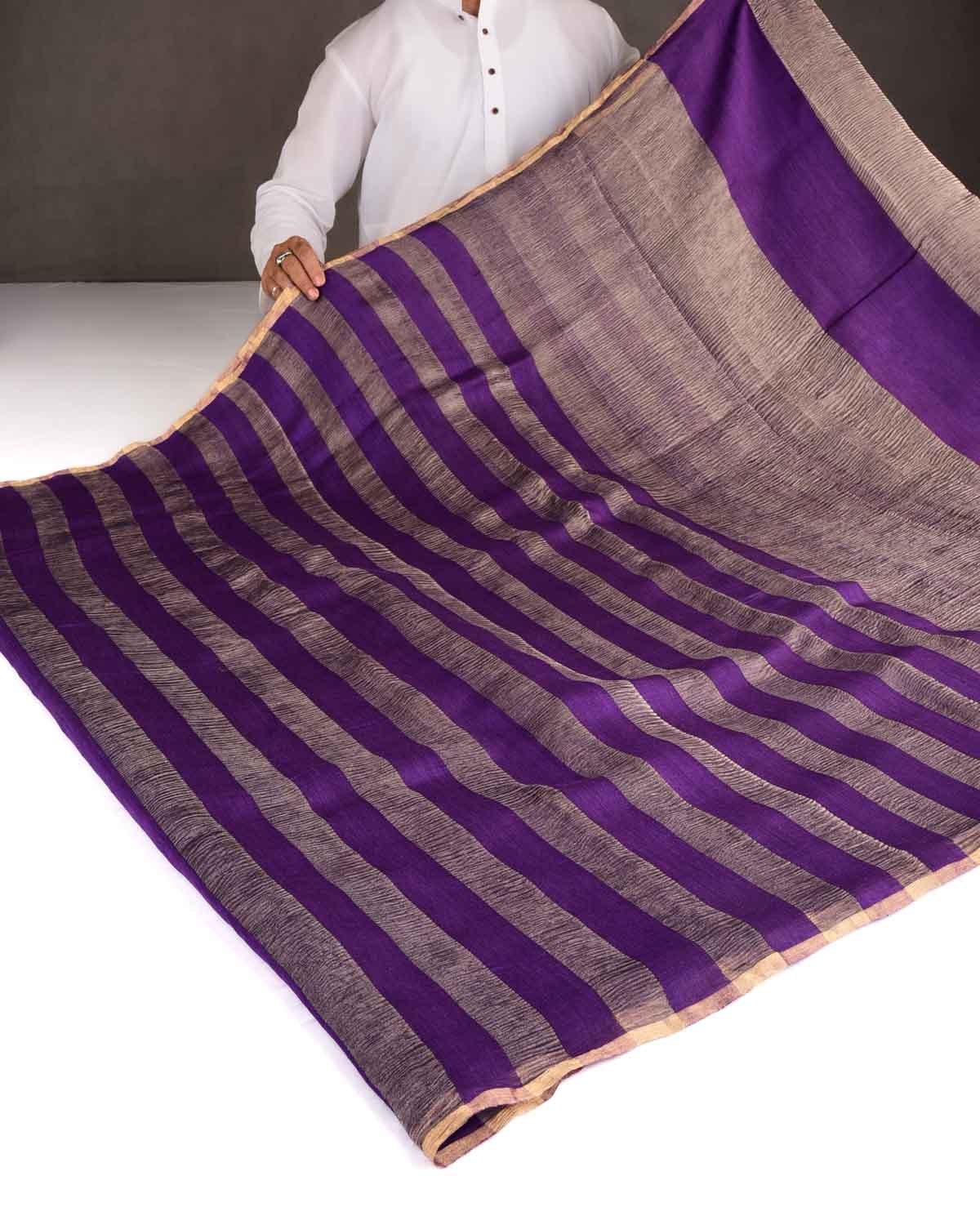 Purple Crush Gold Zari Stripes Brocade Handwoven Muga Silk Banarasi Saree-HolyWeaves