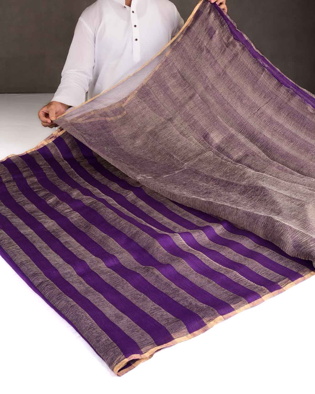 Purple Crush Gold Zari Stripes Brocade Handwoven Muga Silk Banarasi Saree-HolyWeaves