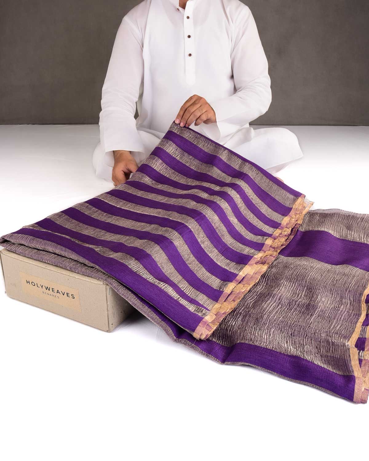 Purple Crush Gold Zari Stripes Brocade Handwoven Muga Silk Banarasi Saree-HolyWeaves