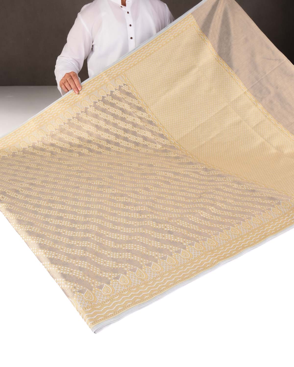 Metallic Gray Zari & Resham Diagonal Ornament Stripes Cutwork Brocade Woven Art Cotton Tissue Banarasi Saree-HolyWeaves