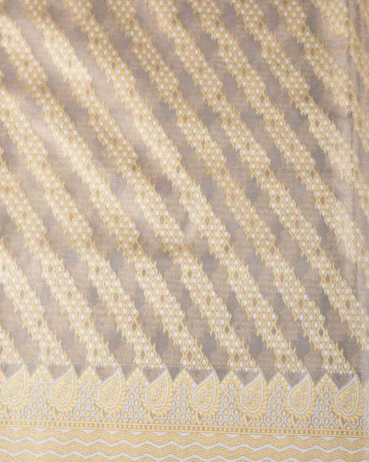 Metallic Gray Zari & Resham Diagonal Ornament Stripes Cutwork Brocade Woven Art Cotton Tissue Banarasi Saree-HolyWeaves