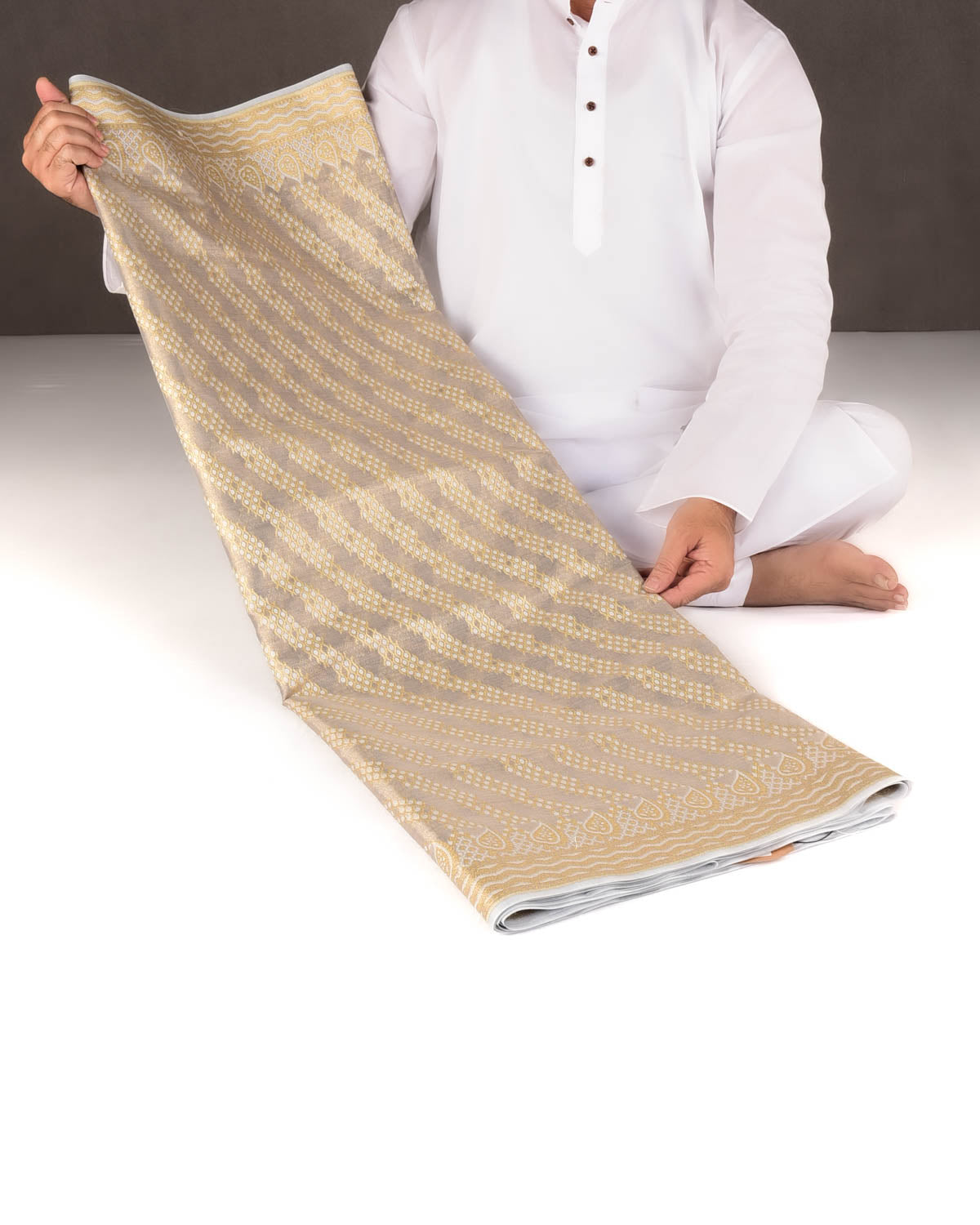 Metallic Gray Zari & Resham Diagonal Ornament Stripes Cutwork Brocade Woven Art Cotton Tissue Banarasi Saree-HolyWeaves