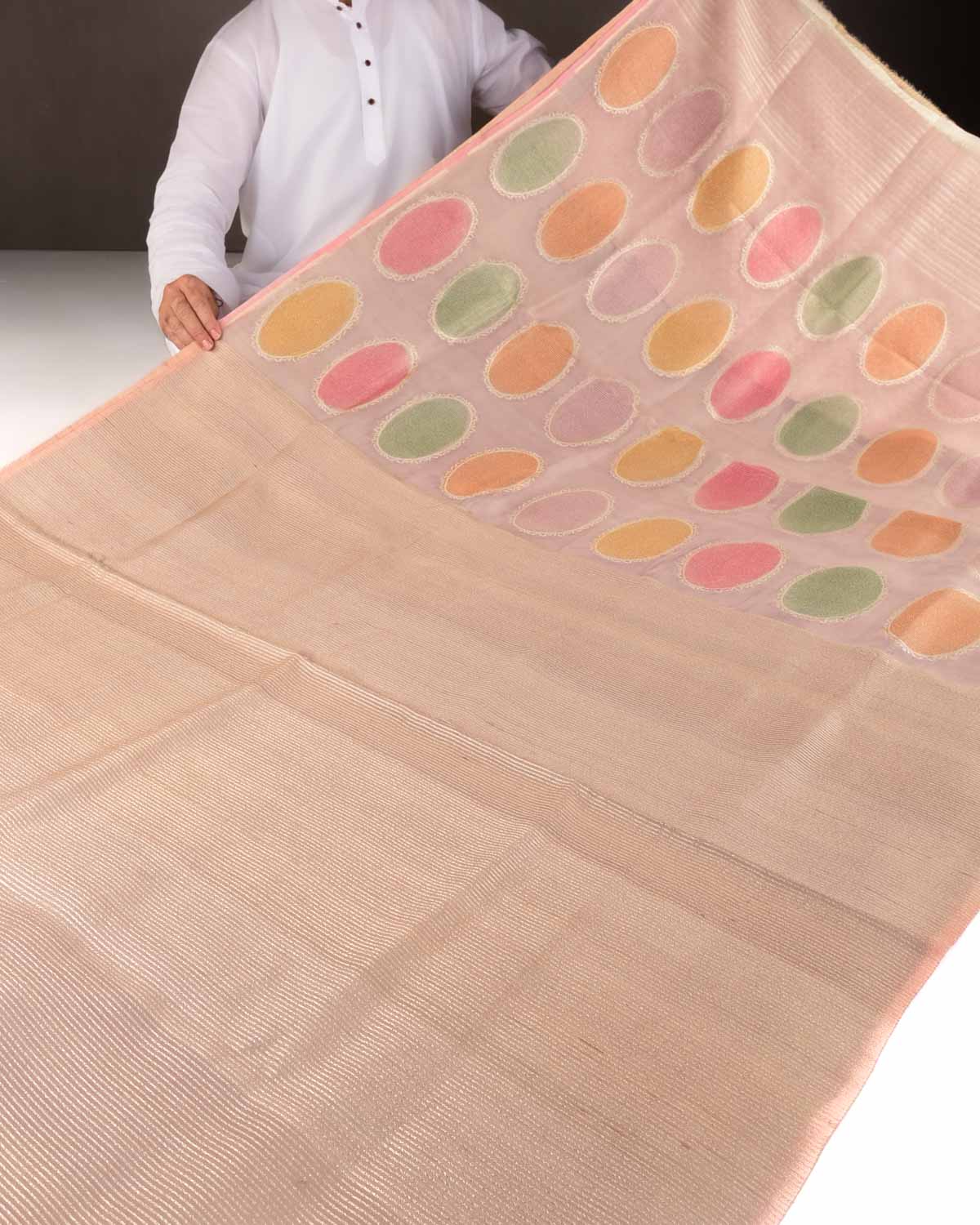 Mauve Hand Brush Dye Gold Zari Ellipse Cutwork Brocade Handwoven Kora Tasar Silk Banarasi Saree-HolyWeaves