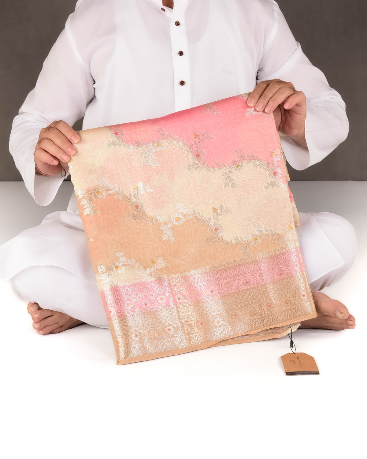 Beige Hand Brush Dye Gold Zari Diagonal Waves Cutwork Brocade Woven Cotton Silk Banarasi Saree-HolyWeaves