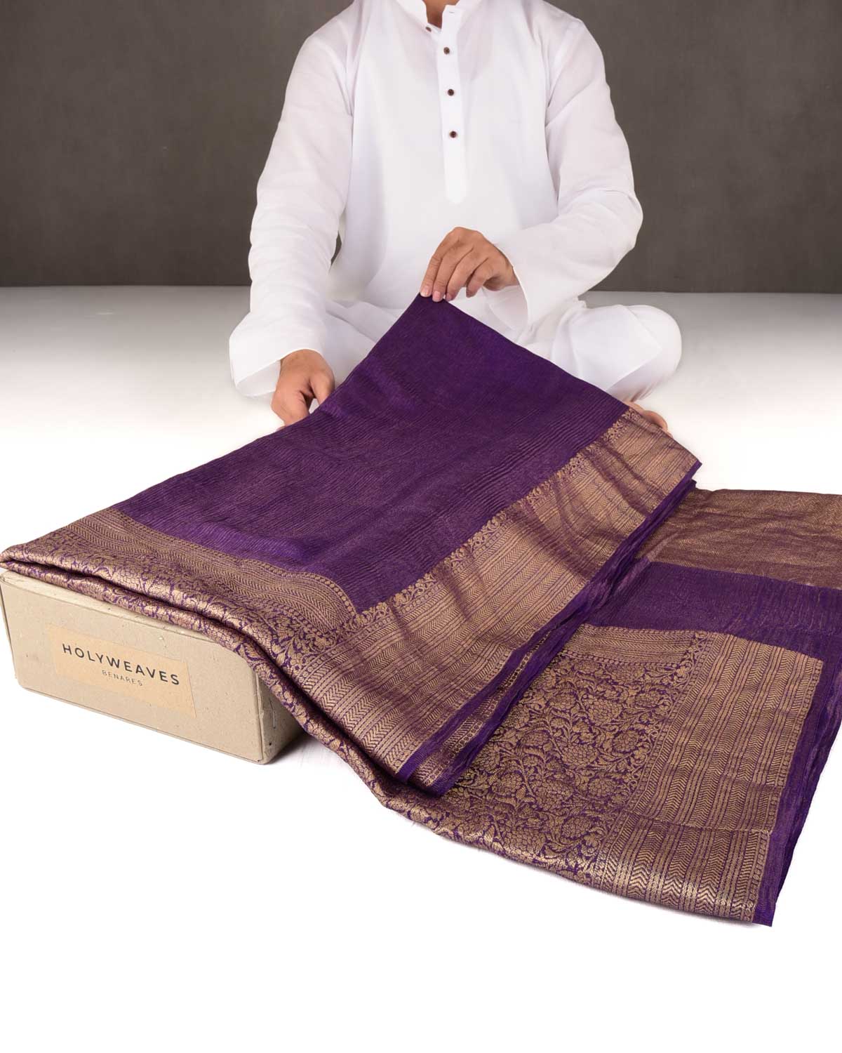 Metallic Purple Brocade Woven Crush Muga Tissue Banarasi Saree-HolyWeaves