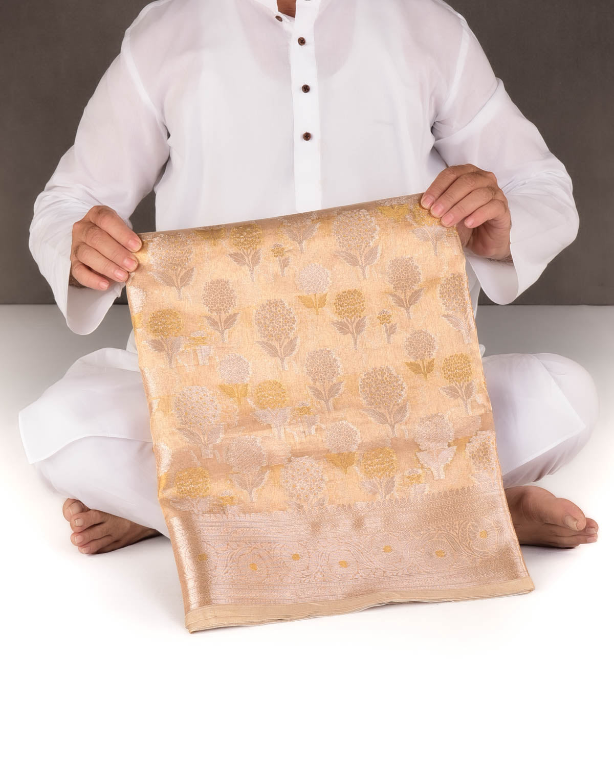 Metallic Gold Zari Buta Cutwork Brocade Woven Tissue Banarasi Saree-HolyWeaves