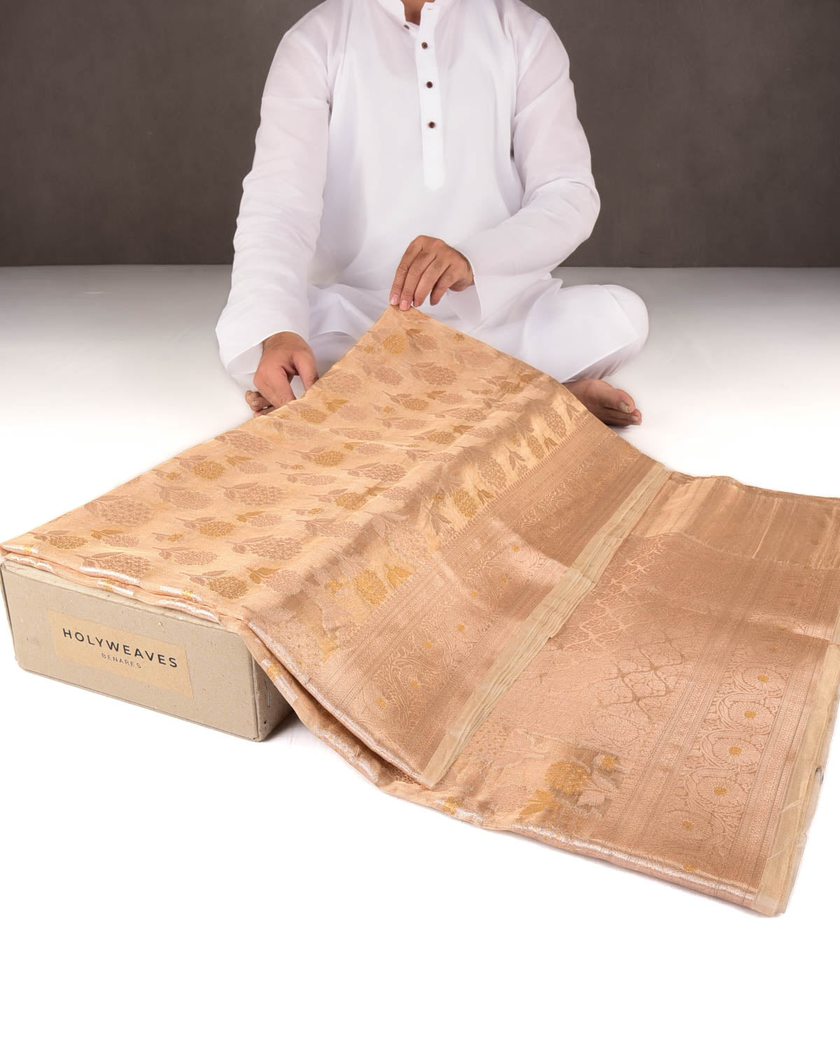 Metallic Gold Zari Buta Cutwork Brocade Woven Tissue Banarasi Saree-HolyWeaves