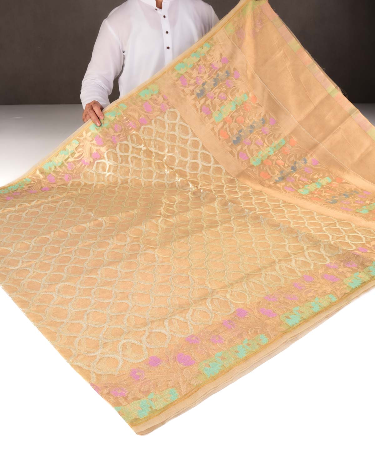 Metallic Gold Silver Zari Grids Cutwork Brocade Woven Tissue Banarasi Saree with Meenekari Border Pallu-HolyWeaves