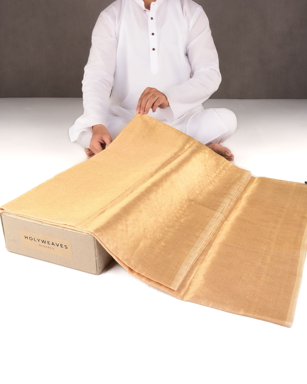 Metallic Yellow Gold Self Tanchoi Woven Kora Tissue Banarasi Saree-HolyWeaves