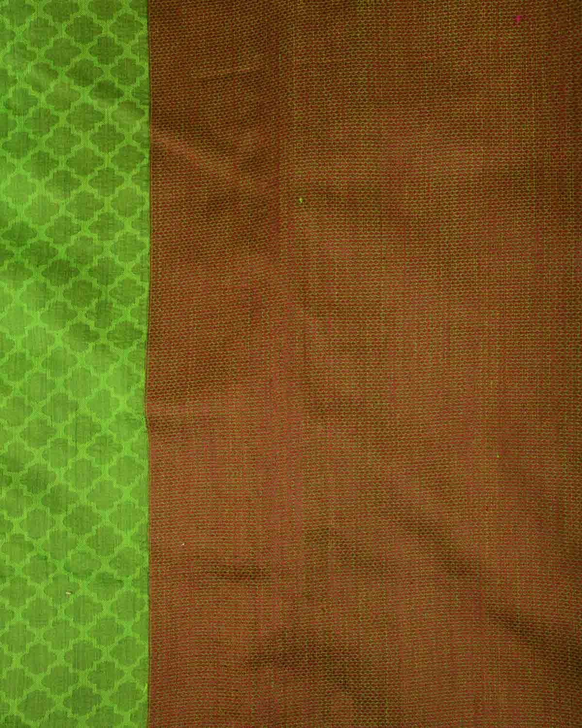 Green WATREMARK Moroccon Grids Tanchoi Handwoven Silk Wool Banarasi Saree with Contrast Red Border Pallu-HolyWeaves