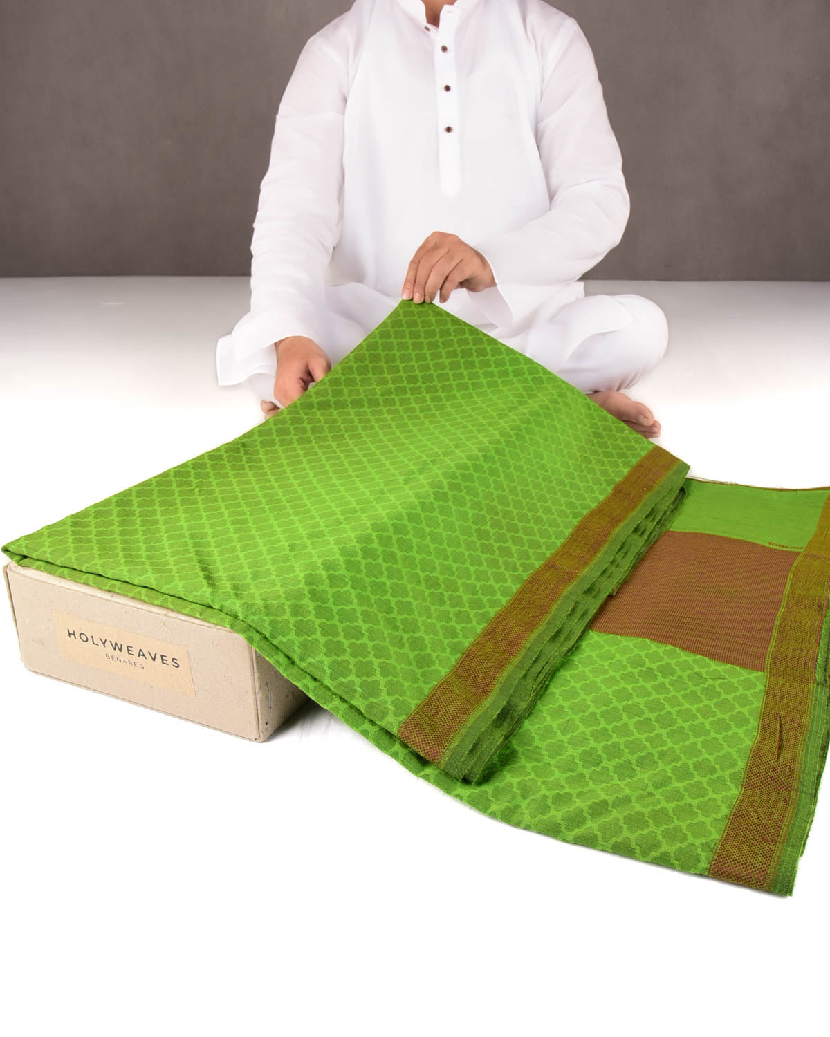 Green WATREMARK Moroccon Grids Tanchoi Handwoven Silk Wool Banarasi Saree with Contrast Red Border Pallu-HolyWeaves