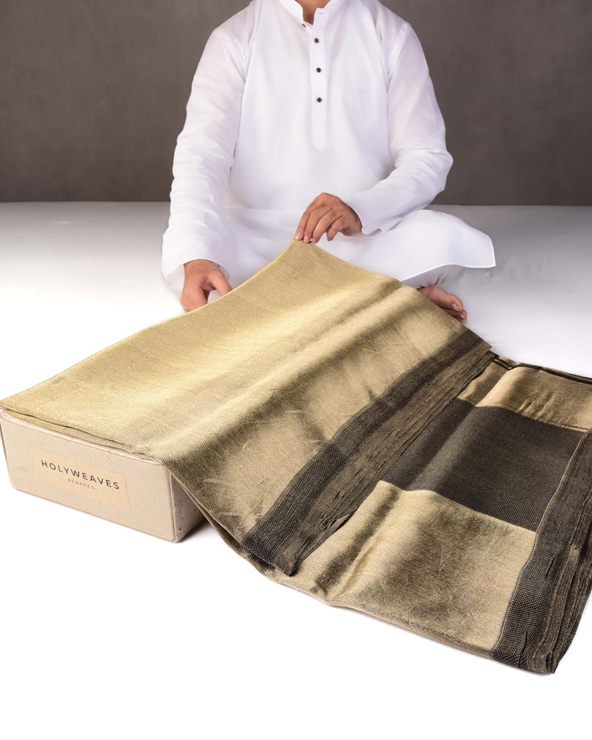 Metallic Gold WATERMARK Abstract Geometry Brocade Handwoven Kora Silk Banarasi Saree-HolyWeaves