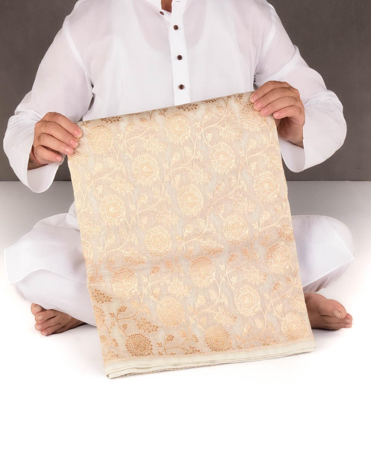 Ivory White Gold Zari Floral Jaal Cutwork Brocade Woven Cotton Silk Banarasi Saree-HolyWeaves