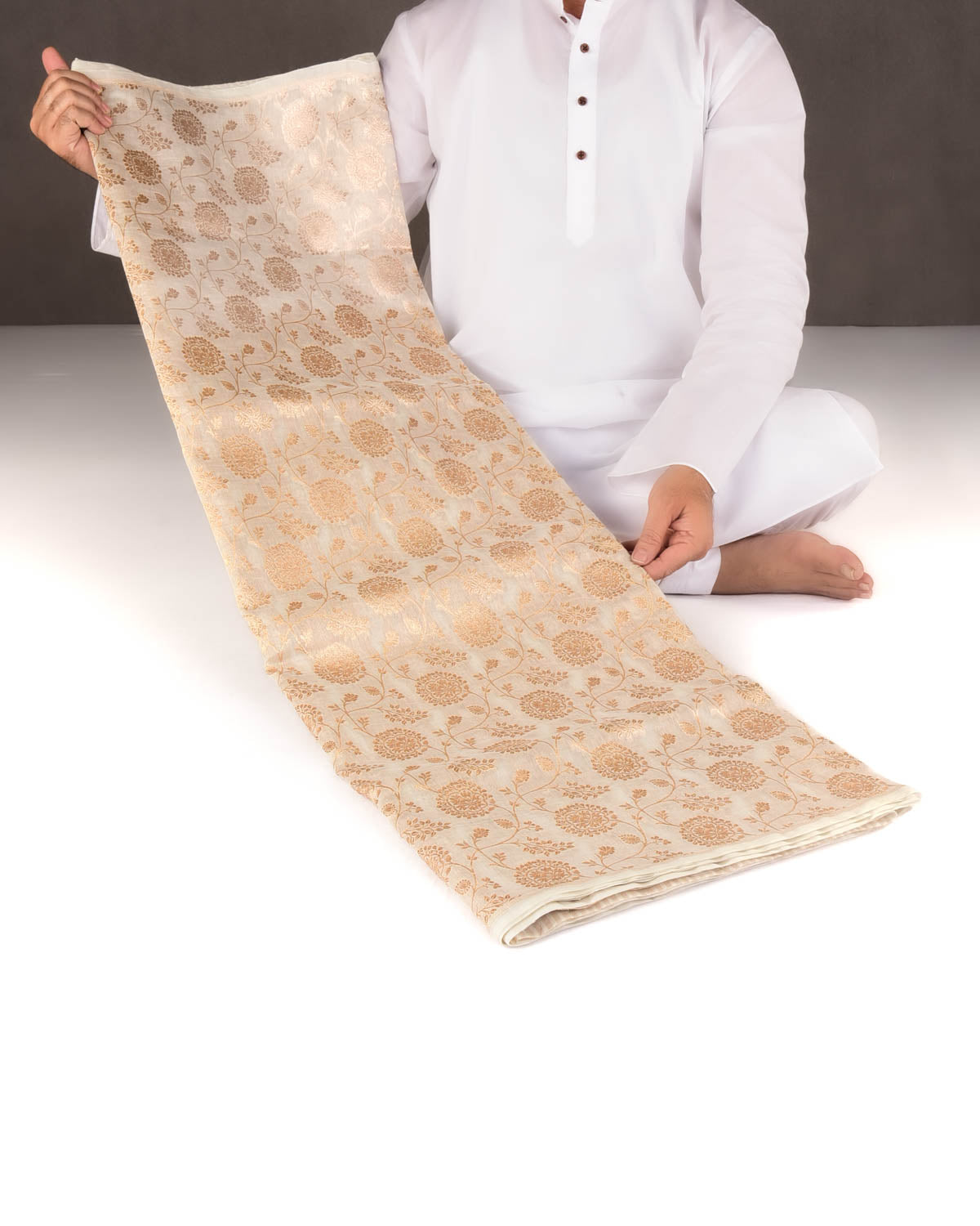 Ivory White Gold Zari Floral Jaal Cutwork Brocade Woven Cotton Silk Banarasi Saree-HolyWeaves
