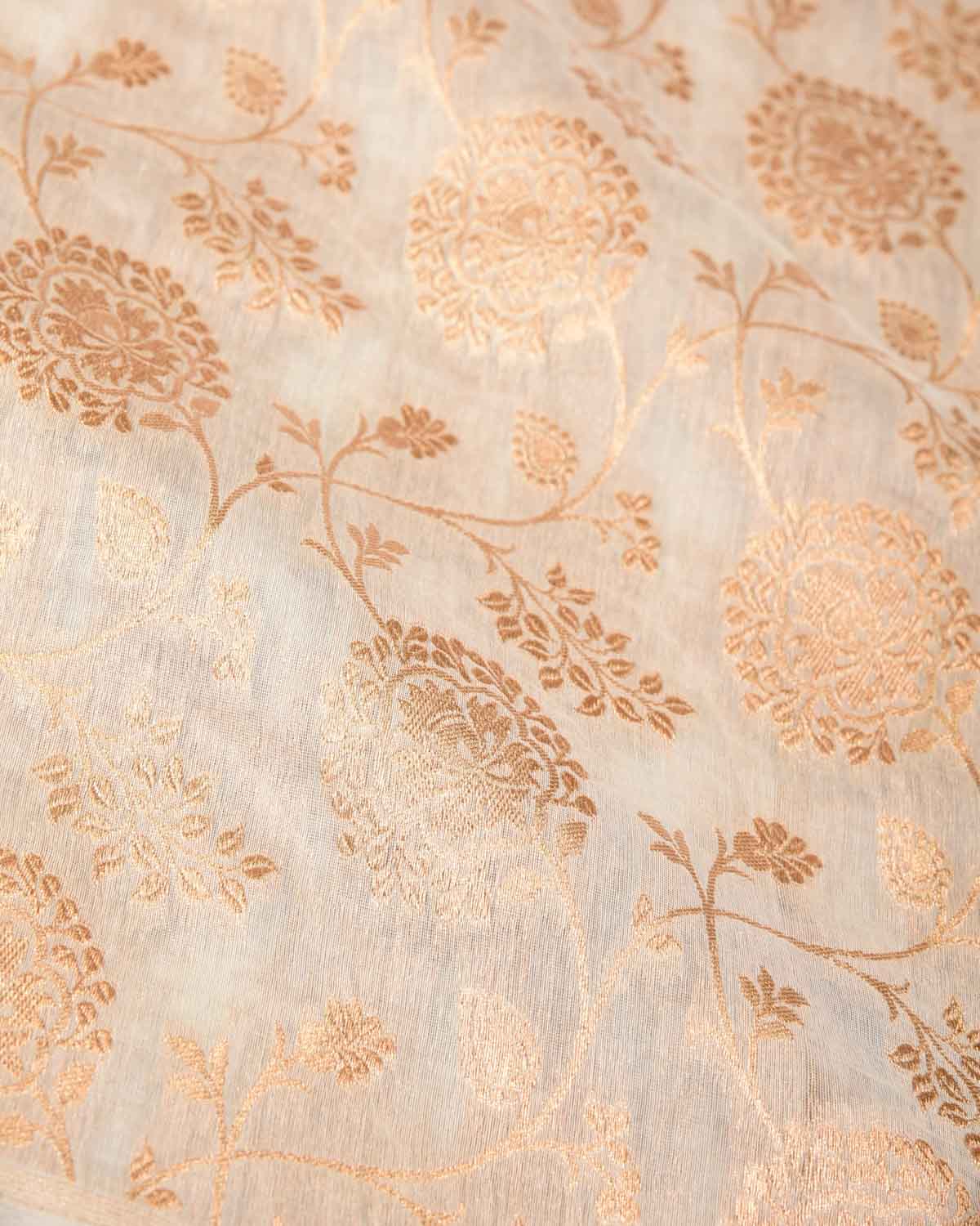 Ivory White Gold Zari Floral Jaal Cutwork Brocade Woven Cotton Silk Banarasi Saree-HolyWeaves