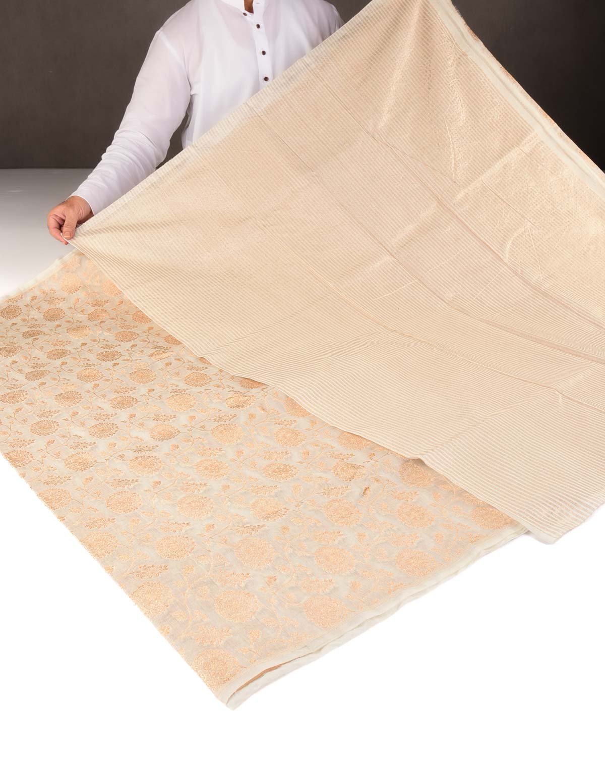 Ivory White Gold Zari Floral Jaal Cutwork Brocade Woven Cotton Silk Banarasi Saree-HolyWeaves