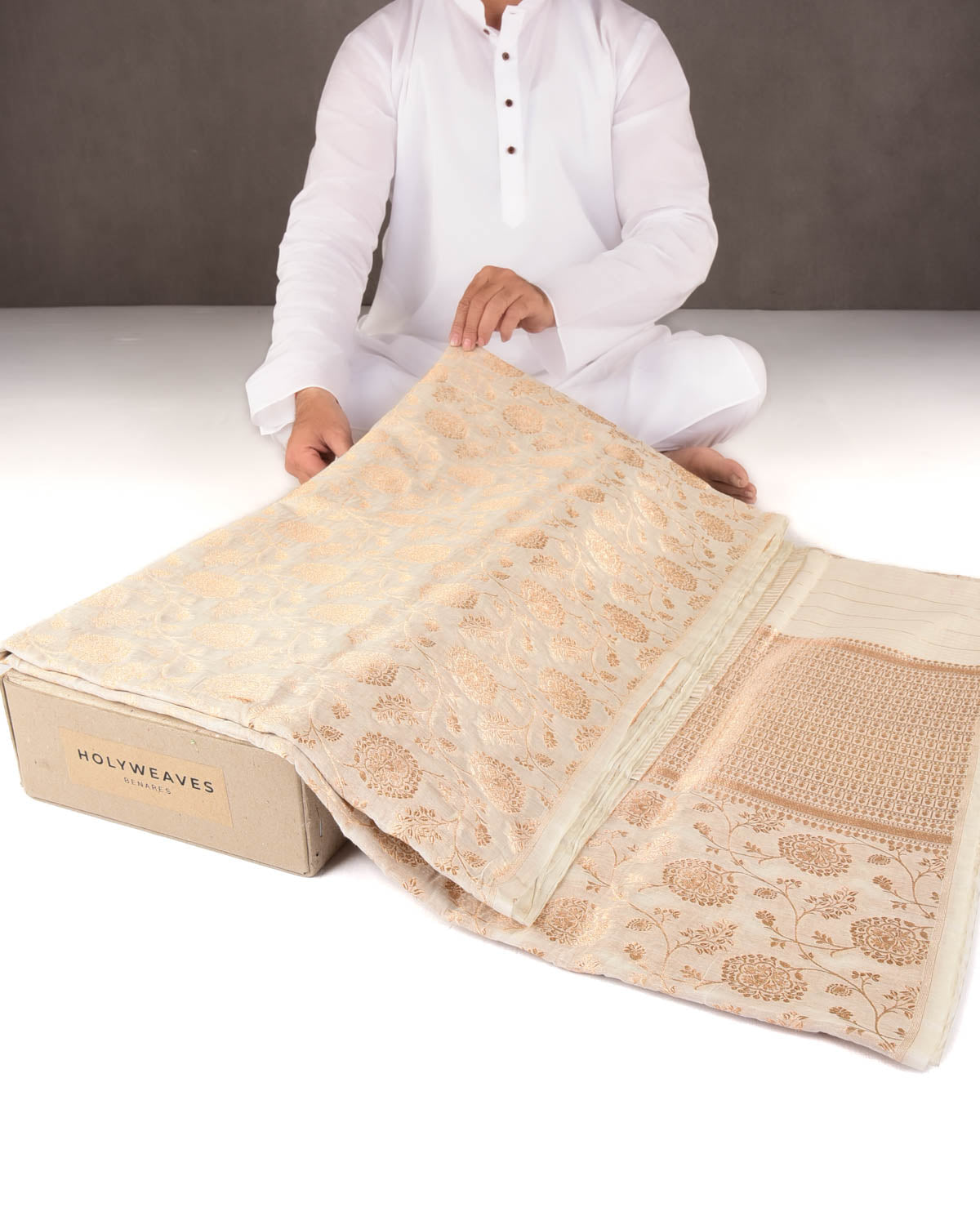 Ivory White Gold Zari Floral Jaal Cutwork Brocade Woven Cotton Silk Banarasi Saree-HolyWeaves