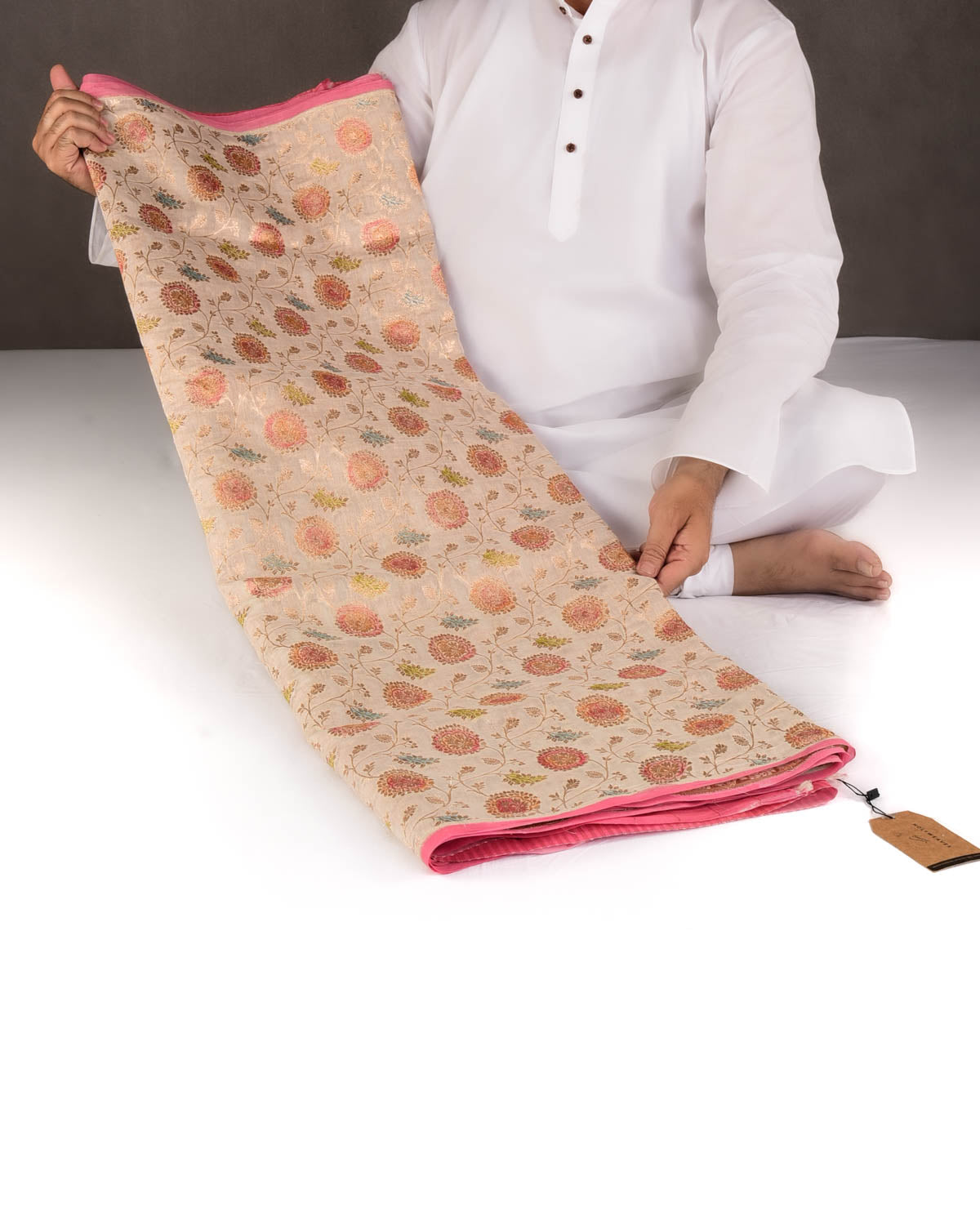 Ivory White Gold Zari Hand Brushed Floral Jaal Cutwork Brocade Woven Cotton Silk Banarasi Saree-HolyWeaves
