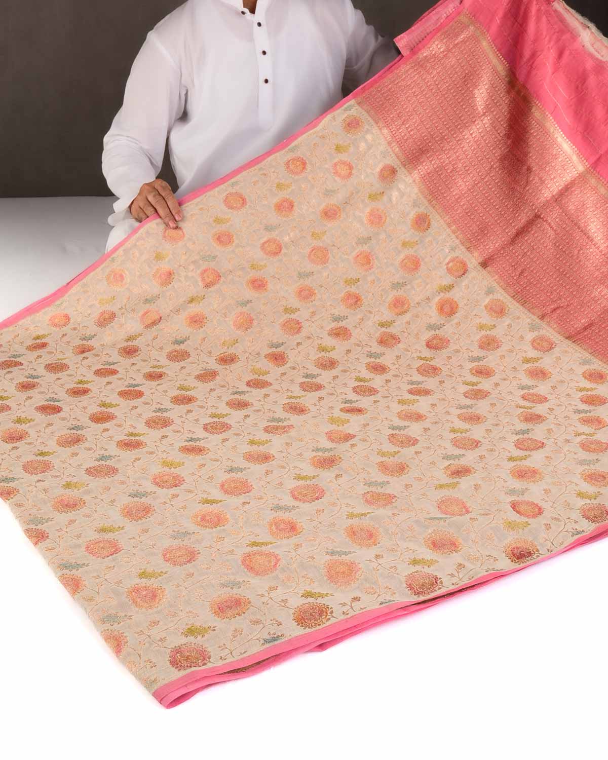 Ivory White Gold Zari Hand Brushed Floral Jaal Cutwork Brocade Woven Cotton Silk Banarasi Saree-HolyWeaves