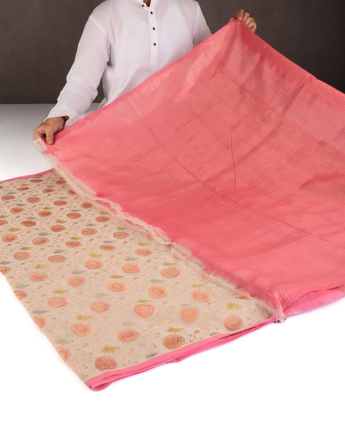 Ivory White Gold Zari Hand Brushed Floral Jaal Cutwork Brocade Woven Cotton Silk Banarasi Saree-HolyWeaves