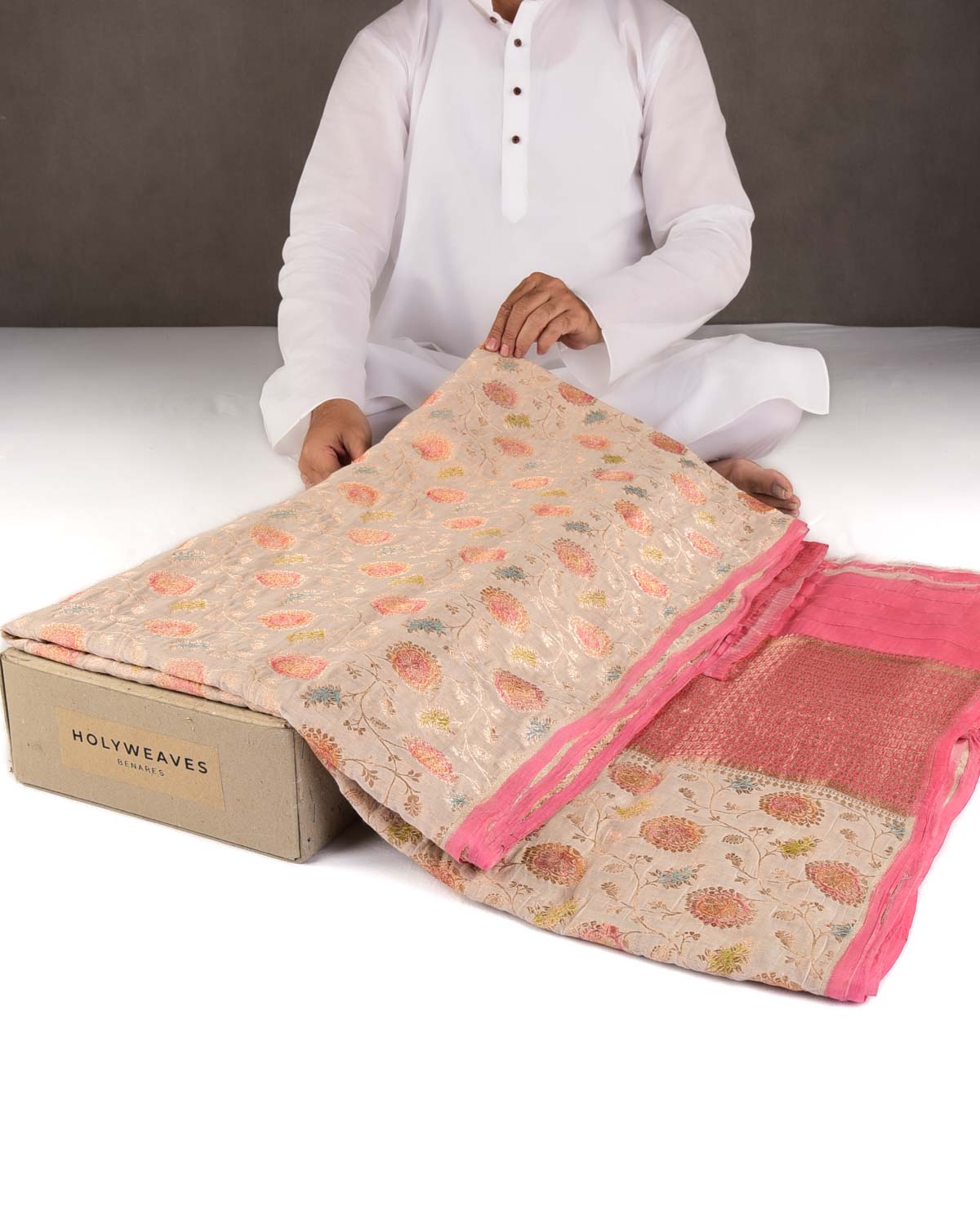 Ivory White Gold Zari Hand Brushed Floral Jaal Cutwork Brocade Woven Cotton Silk Banarasi Saree-HolyWeaves