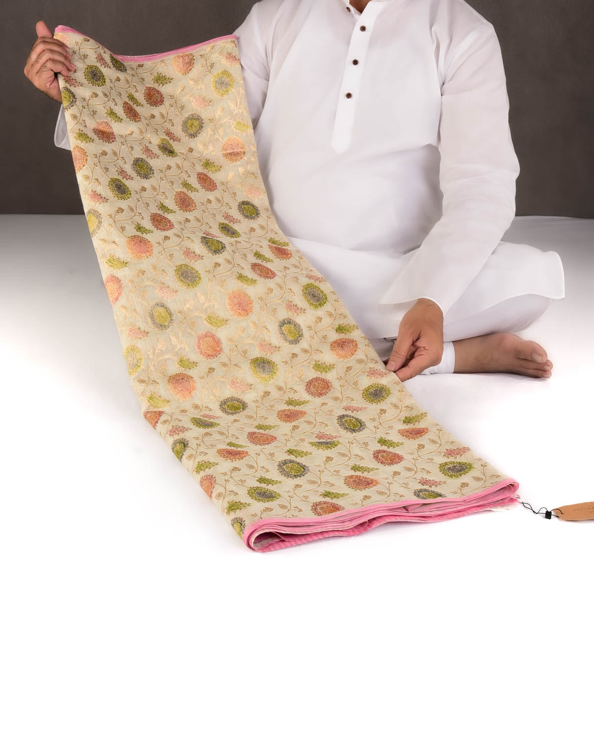 Ivory White Gold Zari Hand Brushed Floral Jaal Cutwork Brocade Woven Cotton Silk Banarasi Saree-HolyWeaves