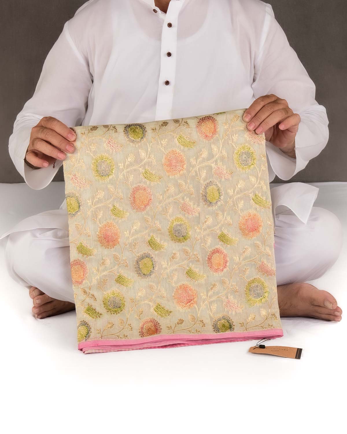 Ivory White Gold Zari Hand Brushed Floral Jaal Cutwork Brocade Woven Cotton Silk Banarasi Saree-HolyWeaves