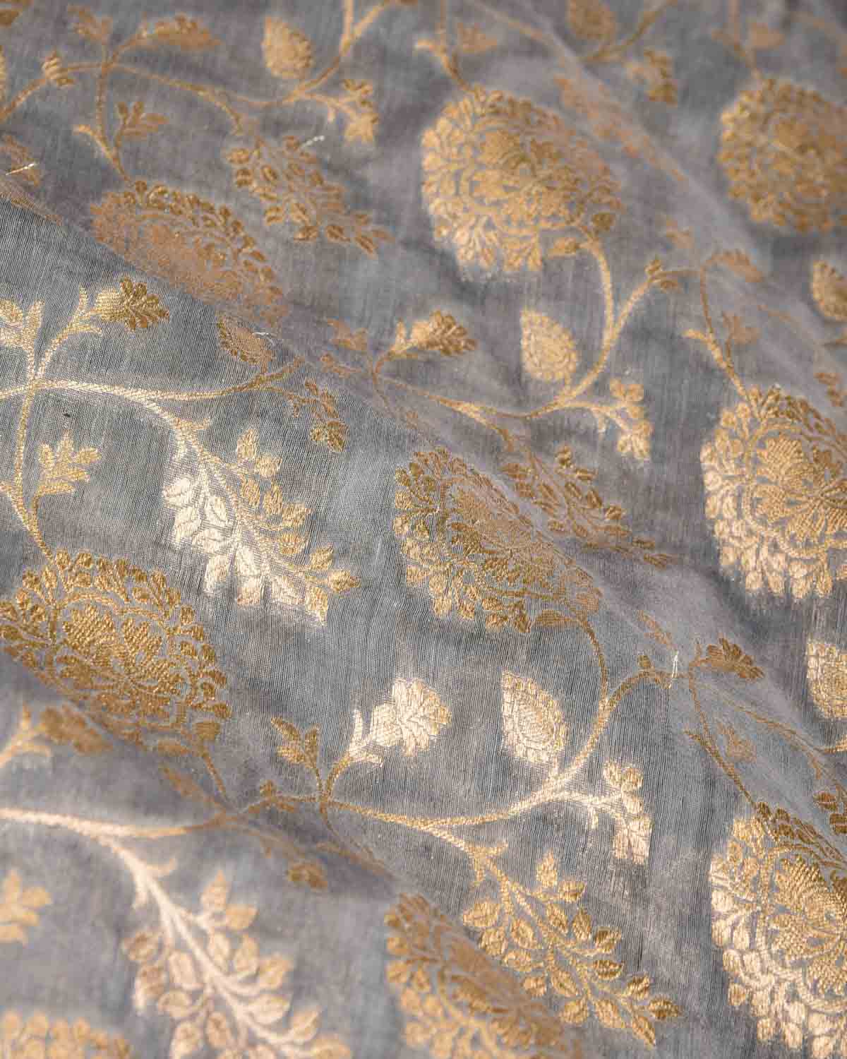 Gray Dye Gold Zari Floral Jaal Cutwork Brocade Woven Cotton Silk Banarasi Saree