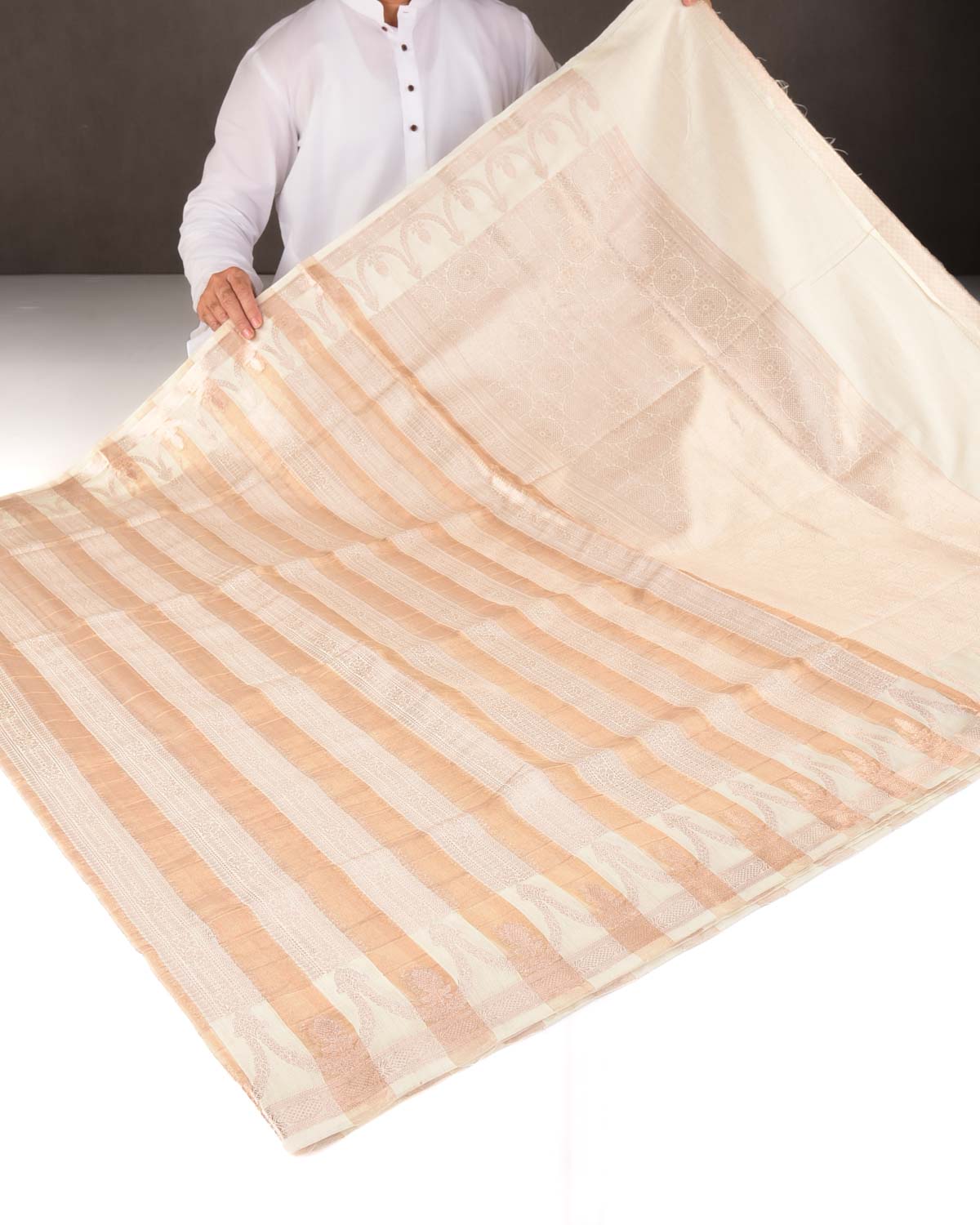 Metallic Gold 2-tone Zari Panels Cutwork Brocade Woven Kora Tissue Banarasi Saree-HolyWeaves