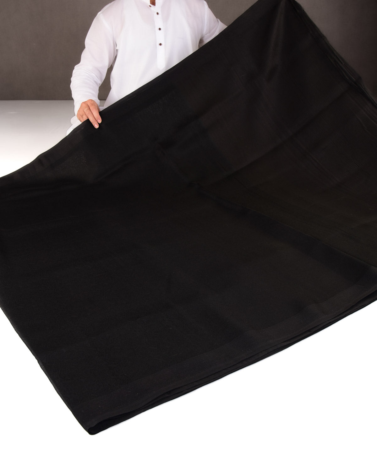 Black WATERMARK Spider Web Tanchoi Handwoven Kora Silk Banarasi Saree-HolyWeaves