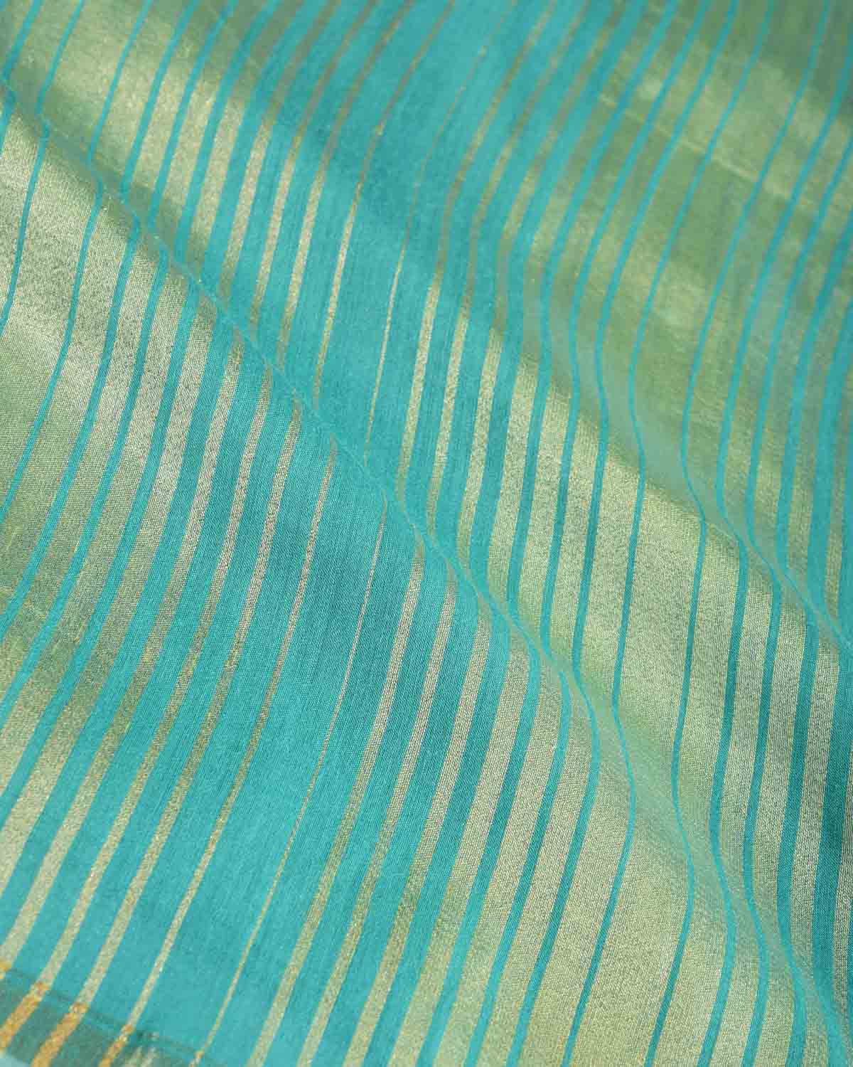 Aqua Marine Gold Zari Graduated Stripes Brocade Woven Muga Silk Banarasi Saree-HolyWeaves