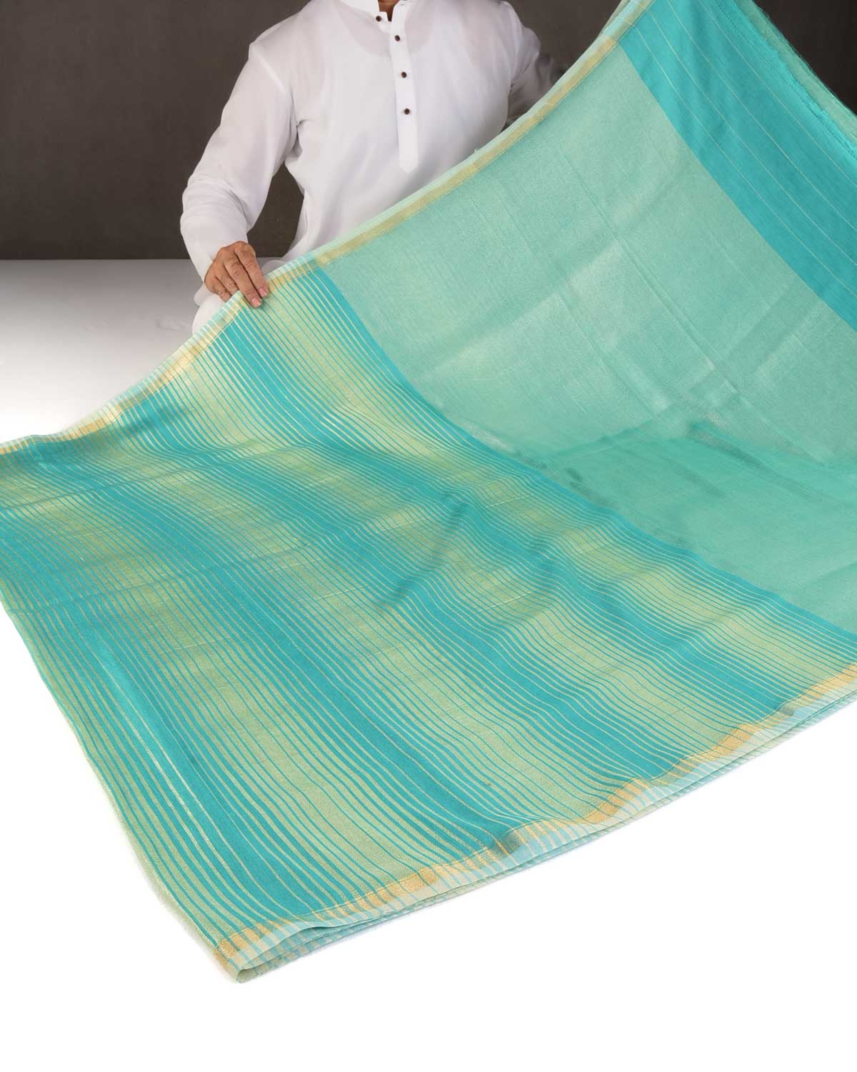 Aqua Marine Gold Zari Graduated Stripes Brocade Woven Muga Silk Banarasi Saree-HolyWeaves