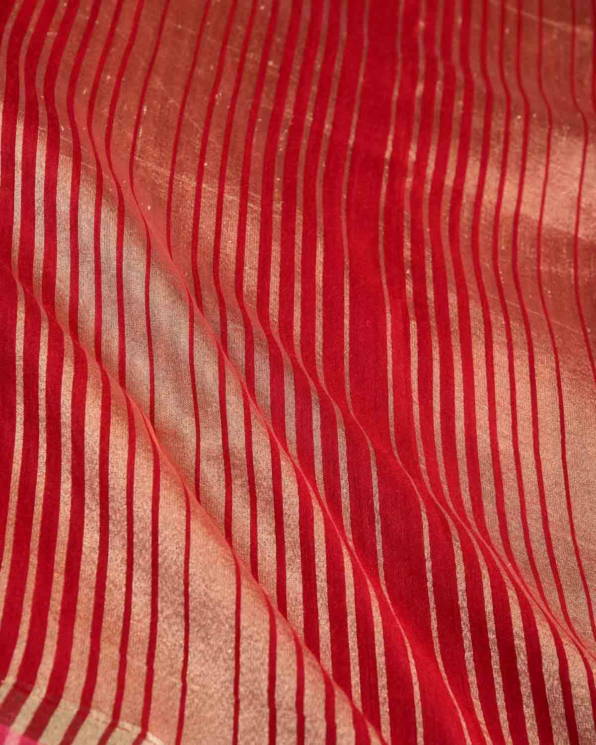 Red Gold Zari Graduated Stripes Brocade Woven Muga Silk Banarasi Saree-HolyWeaves