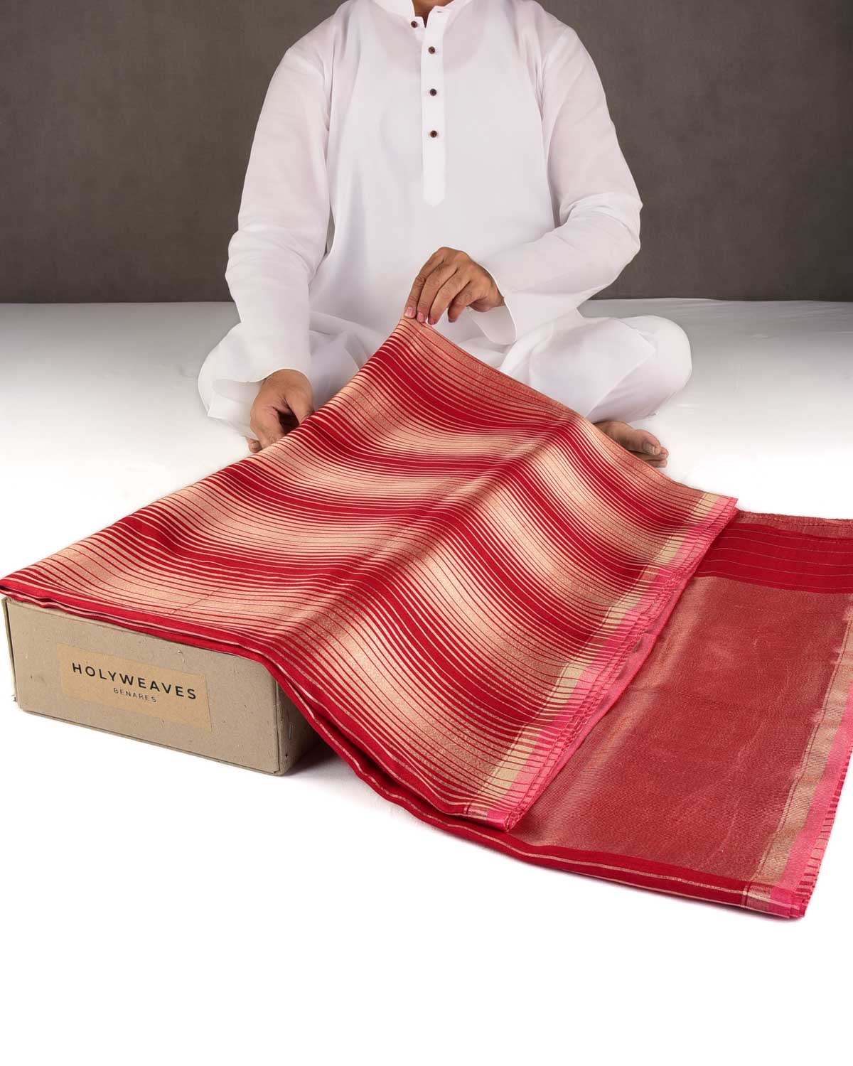 Red Gold Zari Graduated Stripes Brocade Woven Muga Silk Banarasi Saree-HolyWeaves