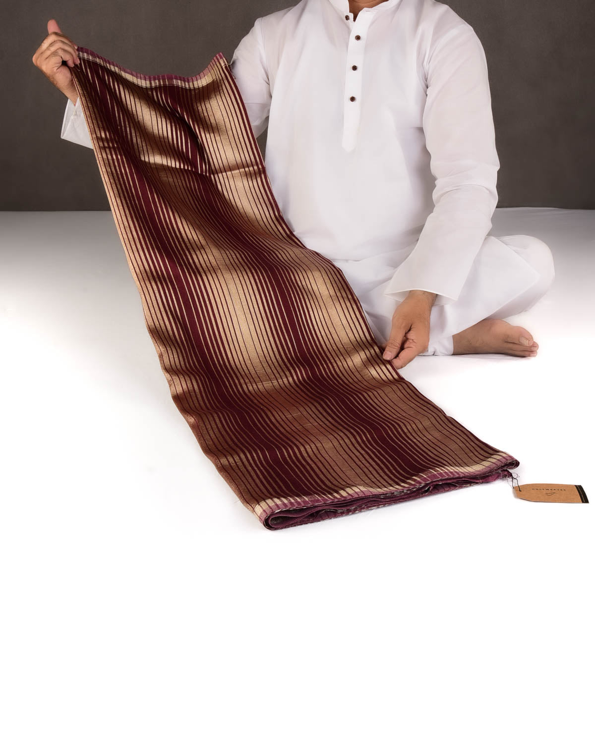 Mahogany Gold Zari Graduated Stripes Brocade Woven Muga Silk Banarasi Saree-HolyWeaves