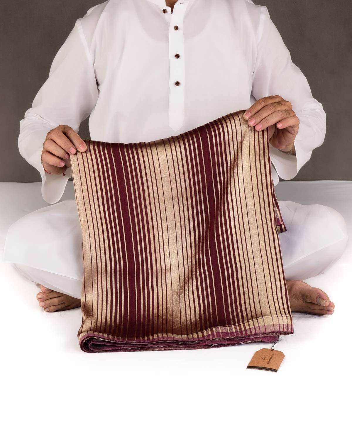 Mahogany Gold Zari Graduated Stripes Brocade Woven Muga Silk Banarasi Saree-HolyWeaves