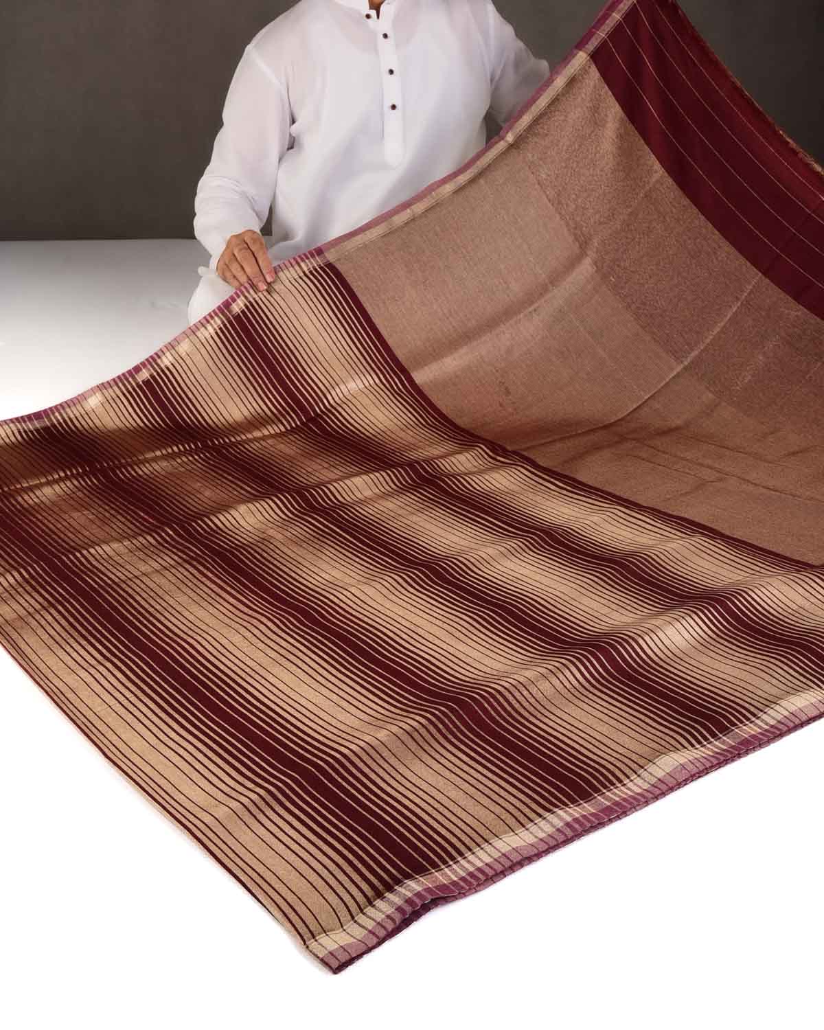 Mahogany Gold Zari Graduated Stripes Brocade Woven Muga Silk Banarasi Saree-HolyWeaves