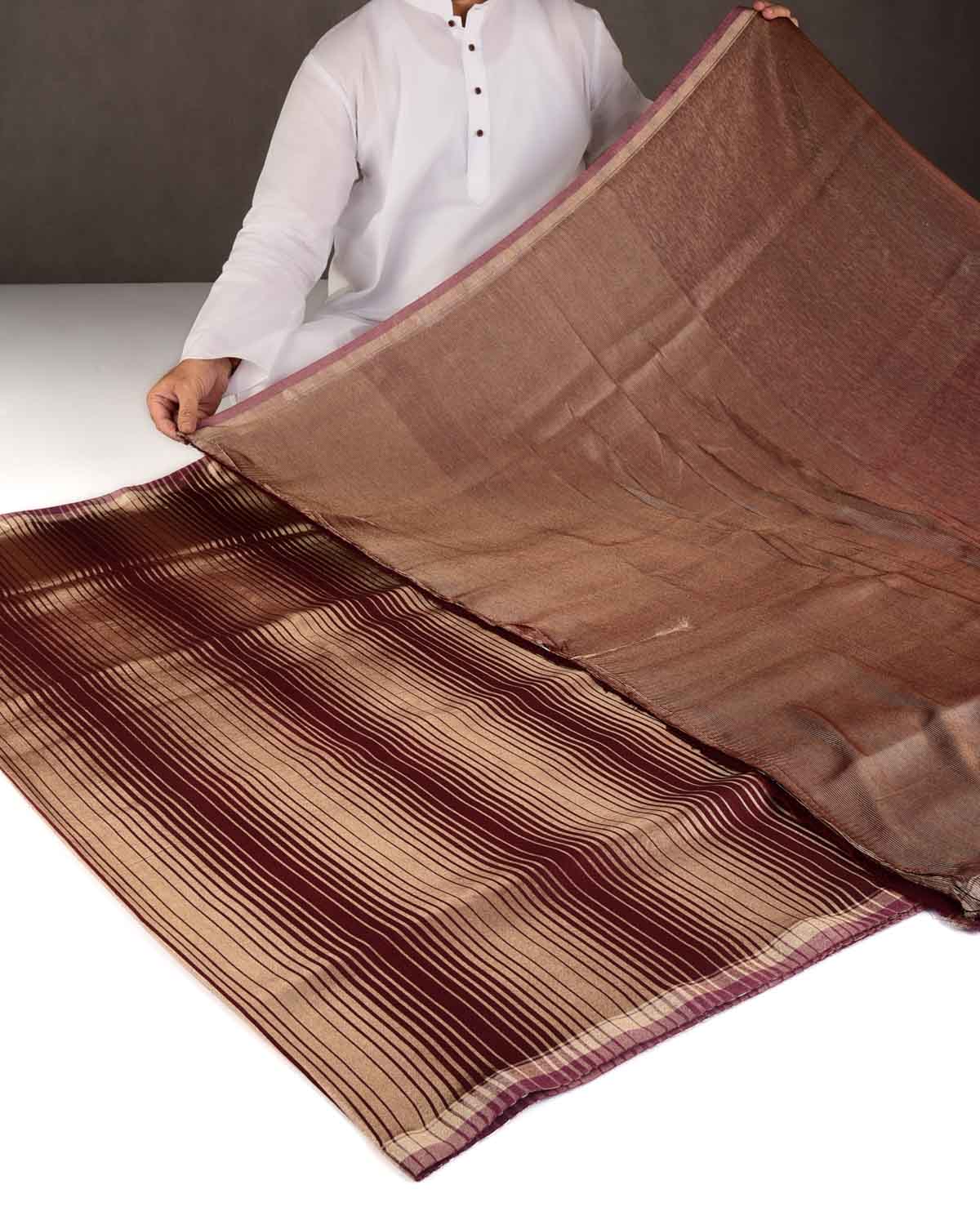 Mahogany Gold Zari Graduated Stripes Brocade Woven Muga Silk Banarasi Saree-HolyWeaves