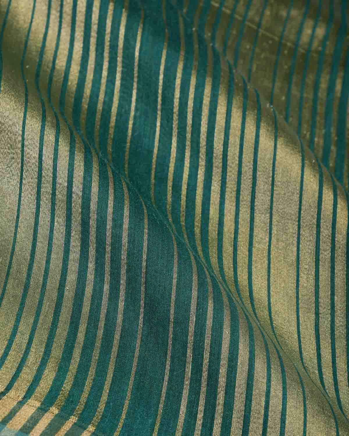 Green Gold Zari Graduated Stripes Brocade Woven Muga Silk Banarasi Saree-HolyWeaves