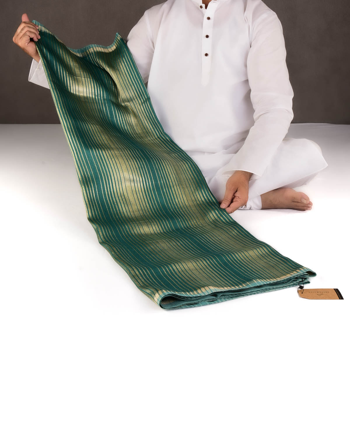 Green Gold Zari Graduated Stripes Brocade Woven Muga Silk Banarasi Saree-HolyWeaves