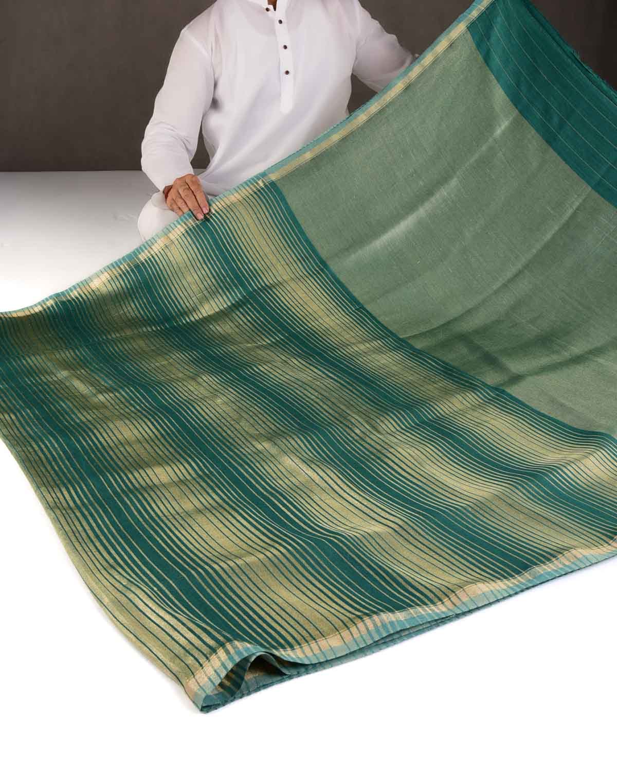 Green Gold Zari Graduated Stripes Brocade Woven Muga Silk Banarasi Saree-HolyWeaves