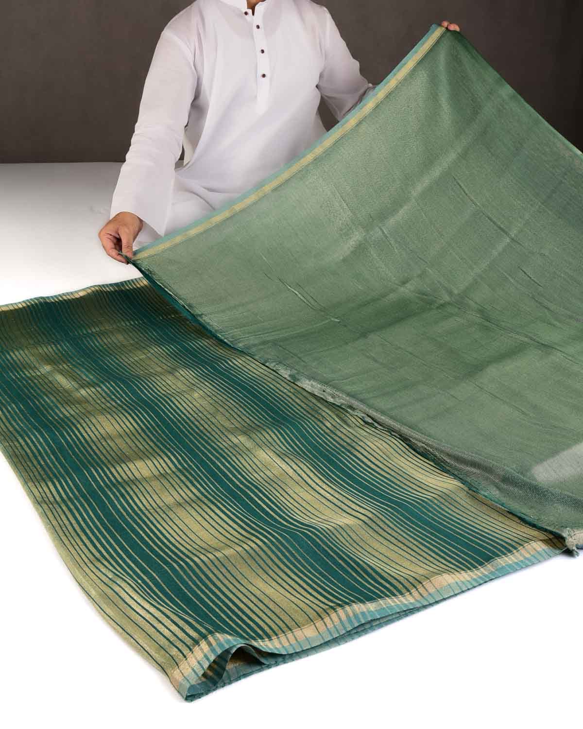 Green Gold Zari Graduated Stripes Brocade Woven Muga Silk Banarasi Saree-HolyWeaves
