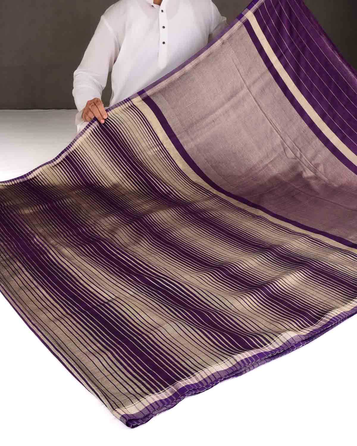 Purple Gold Zari Graduated Stripes Brocade Woven Muga Silk Banarasi Saree