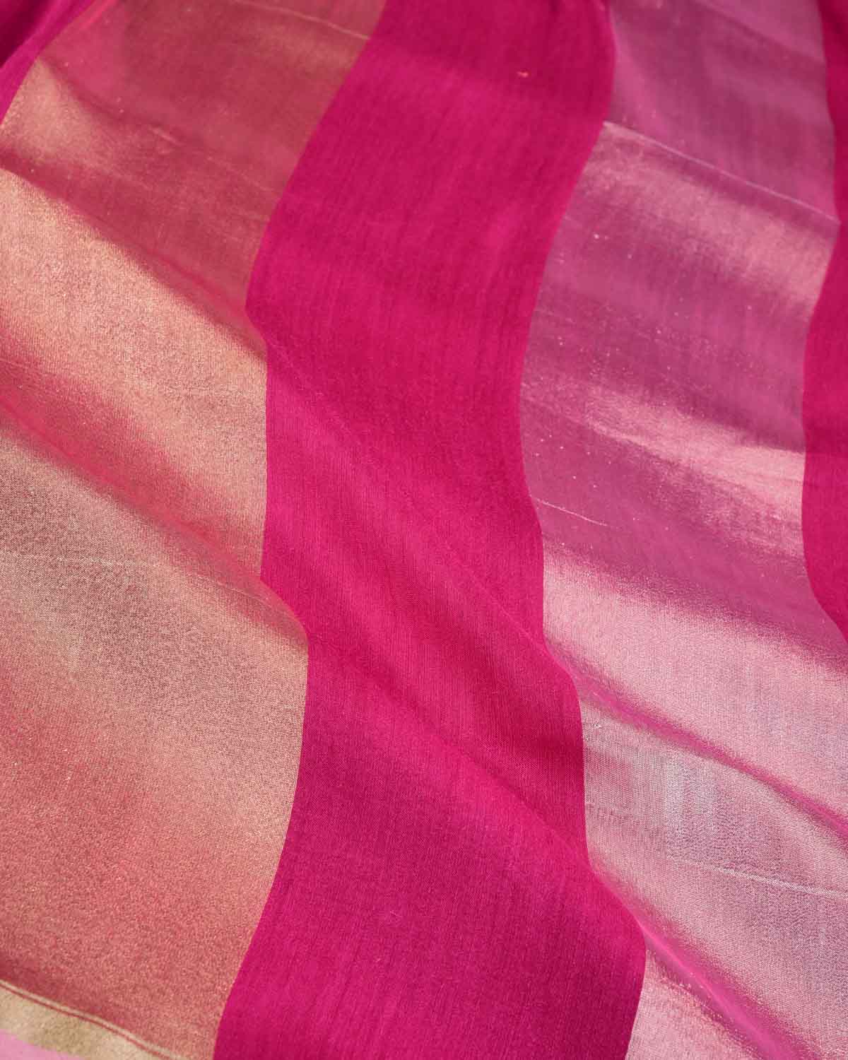 Fuchsia Pink Gold & Silver Zari Zari Stripes Brocade Woven Muga Silk Banarasi Saree-HolyWeaves