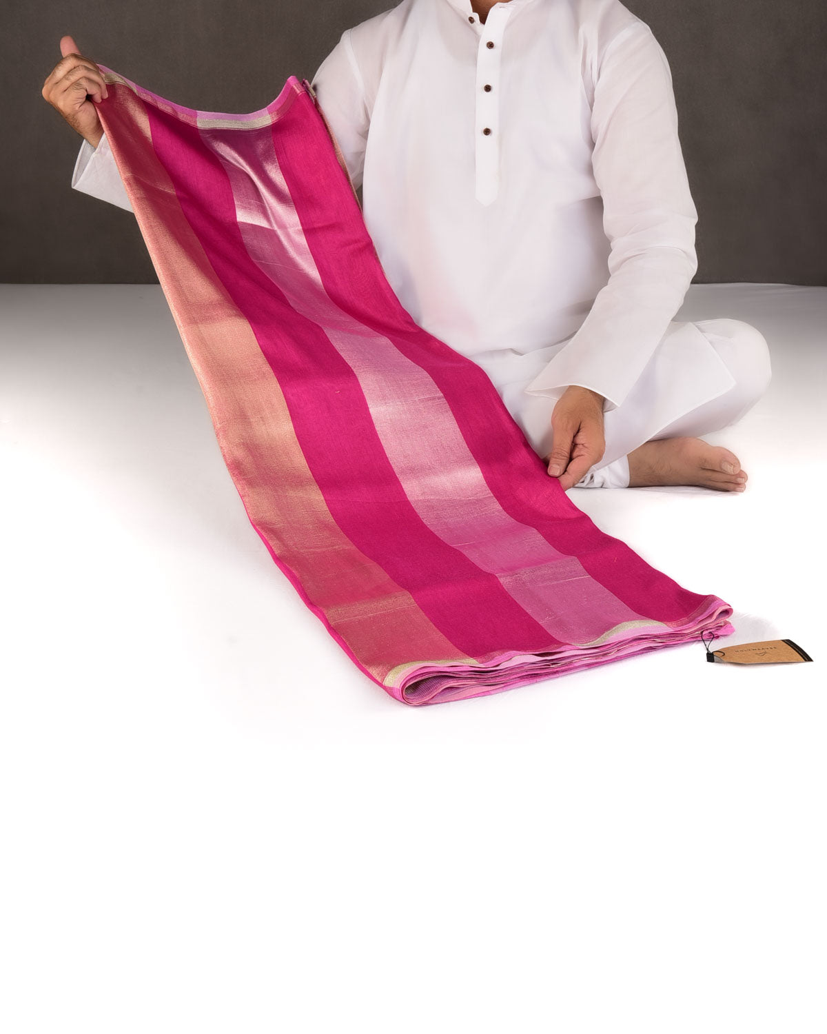 Fuchsia Pink Gold & Silver Zari Zari Stripes Brocade Woven Muga Silk Banarasi Saree-HolyWeaves
