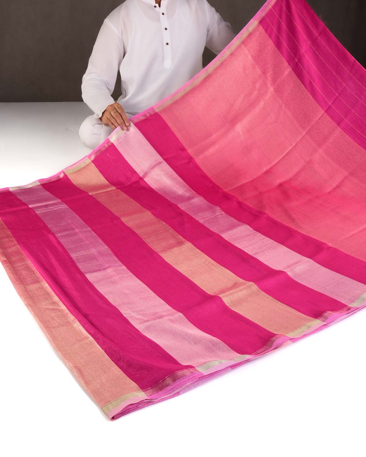 Fuchsia Pink Gold & Silver Zari Zari Stripes Brocade Woven Muga Silk Banarasi Saree-HolyWeaves