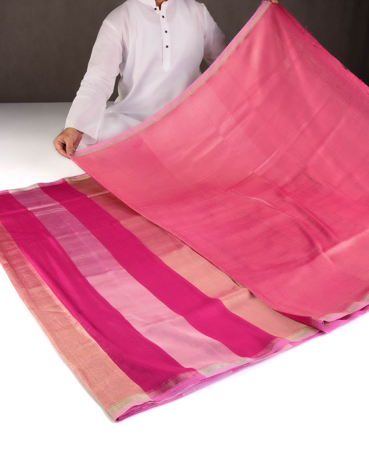 Fuchsia Pink Gold & Silver Zari Zari Stripes Brocade Woven Muga Silk Banarasi Saree-HolyWeaves