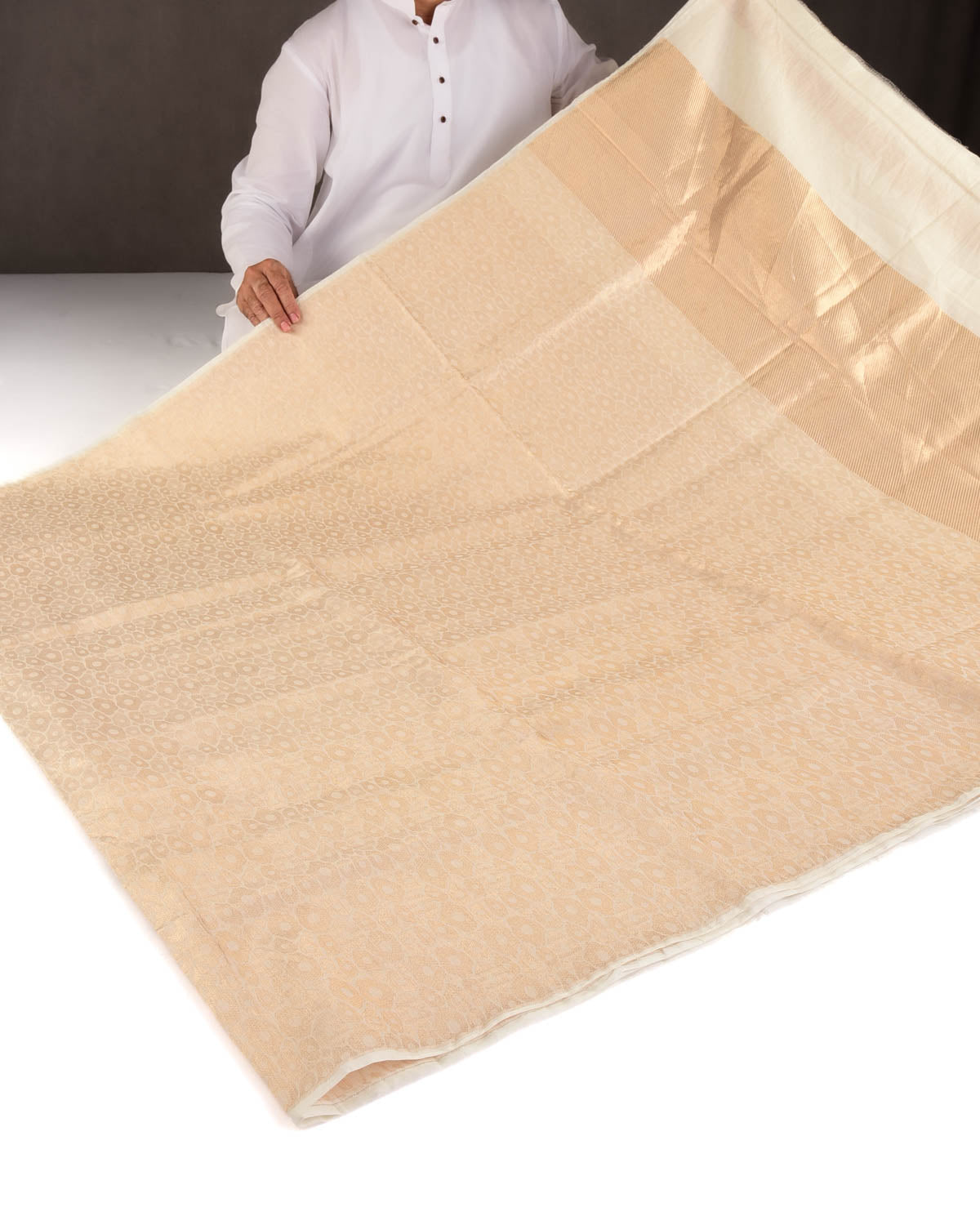 Cream Gold Zari Abstract Geometric Brocade Woven Cotton Silk Banarasi Saree-HolyWeaves