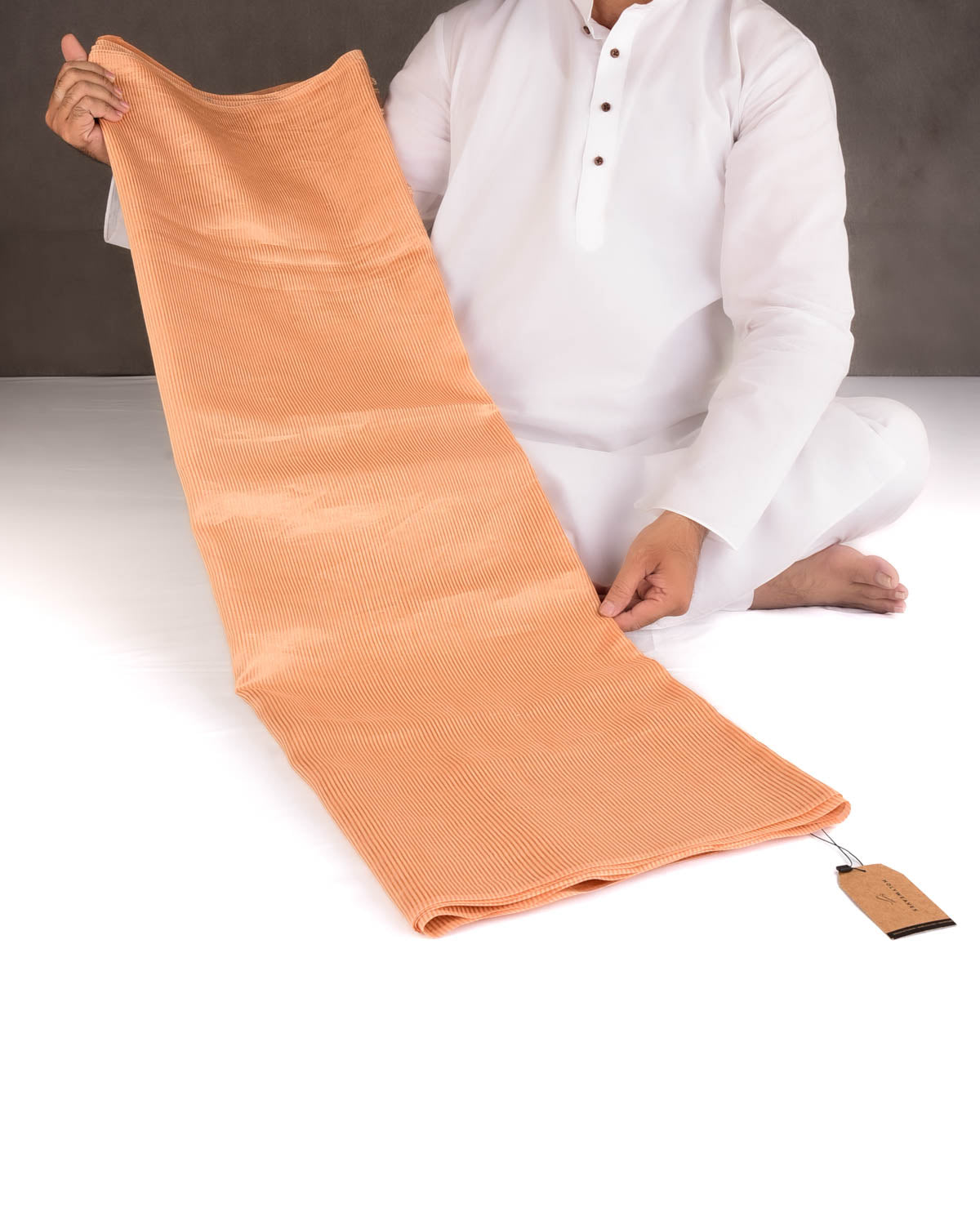 Peach Gold Zari Stripes Brocade Woven Cotton Silk Banarasi Saree with Tissue Blouse Piece